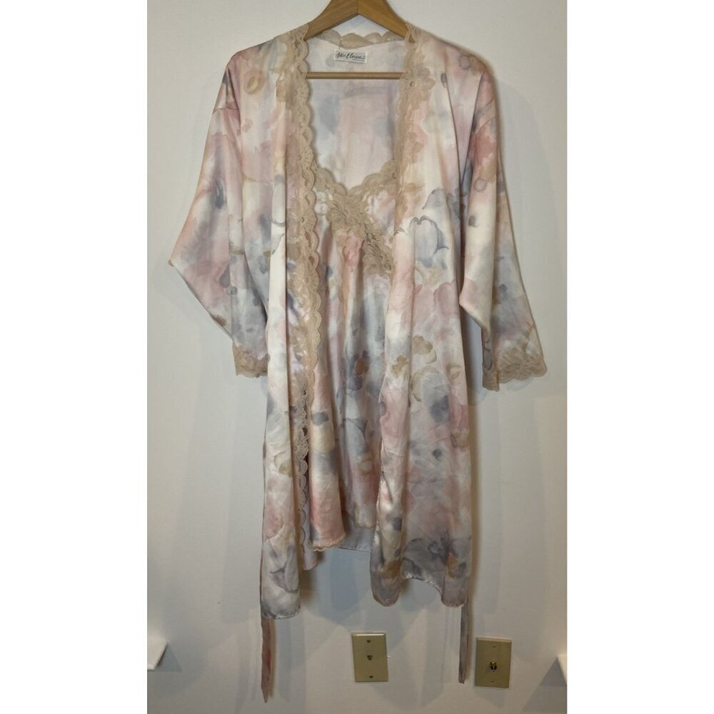 Vintage Miss Elanine 2 Piece Nightgown Robe Set Lace Floral USA M
